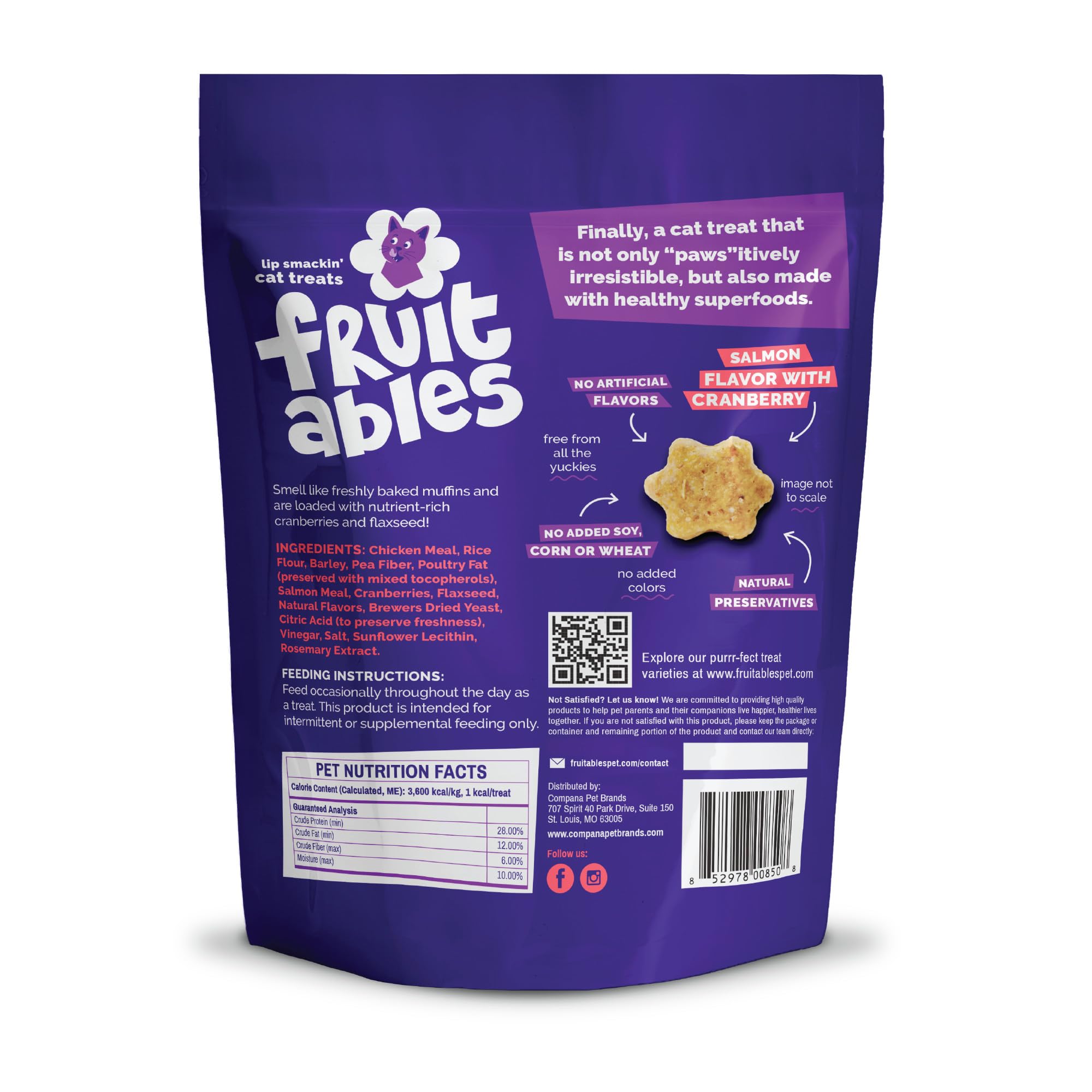 Fruitables Cat Treats, Healthy Treats For Cats, Low Calorie and Packed with Protein, Crunchy Biscuits, No Wheat, Corn or Soy, Made with Real Salmon and Cranberry, 2.5oz