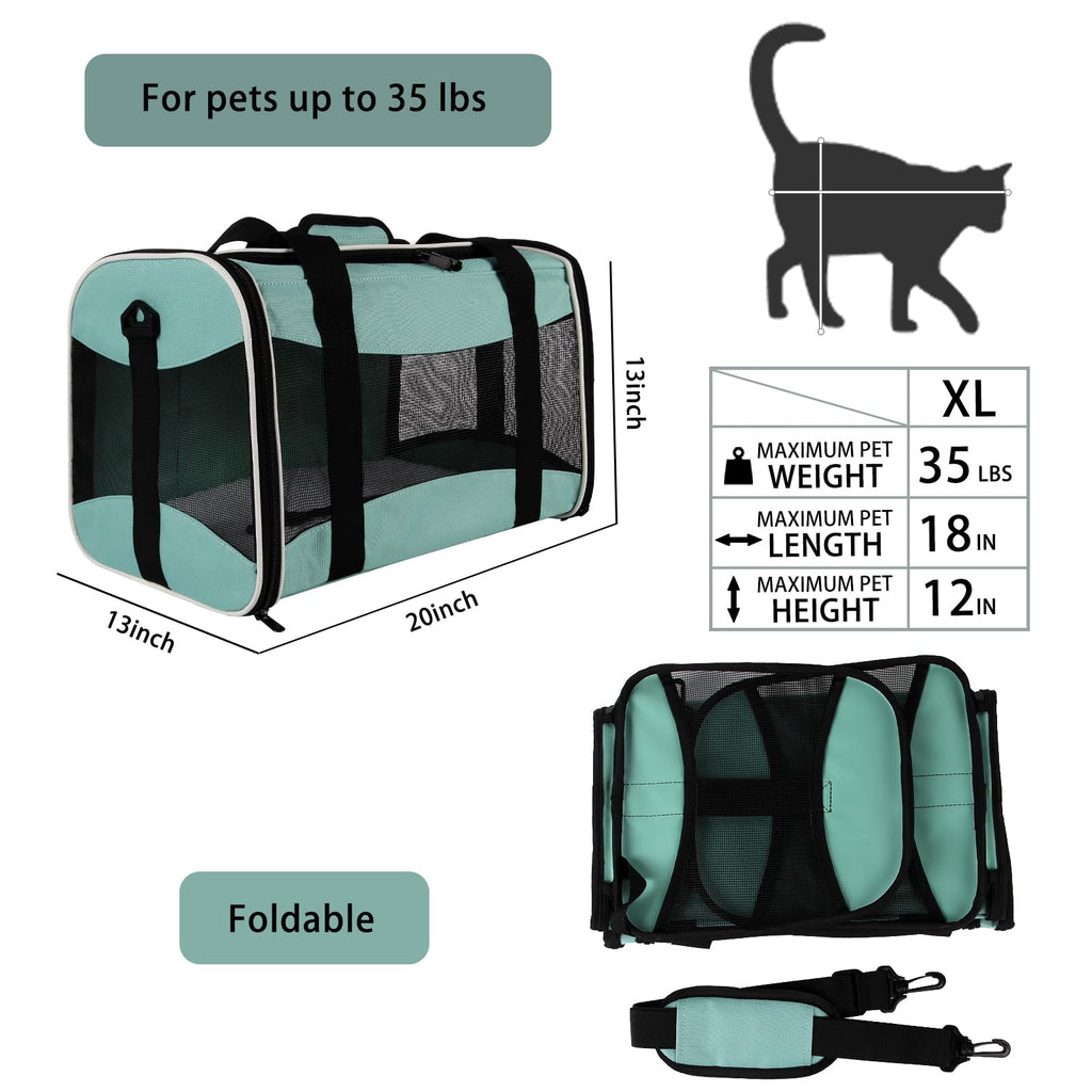 Cat Carrying Case Pet Dog Carrier Soft-Sided Cat Bag Airline Approved, Pet Travel Carrier Up to 15 Lbs, Collapsible Cats Carrier Dog Carrier for Medium Small Cats Dogs(17x11x11 Green)