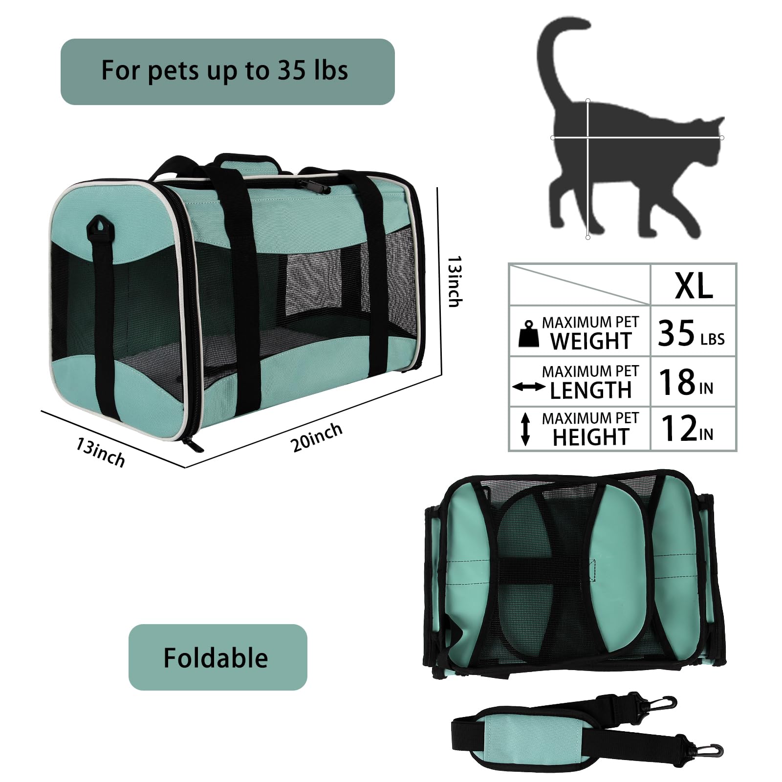 Cat Carrying Case Pet Dog Carrier Soft-Sided Cat Bag Airline Approved, Pet Travel Carrier Up to 15 Lbs, Collapsible Cats Carrier Dog Carrier for Medium Small Cats Dogs(17x11x11 Green)
