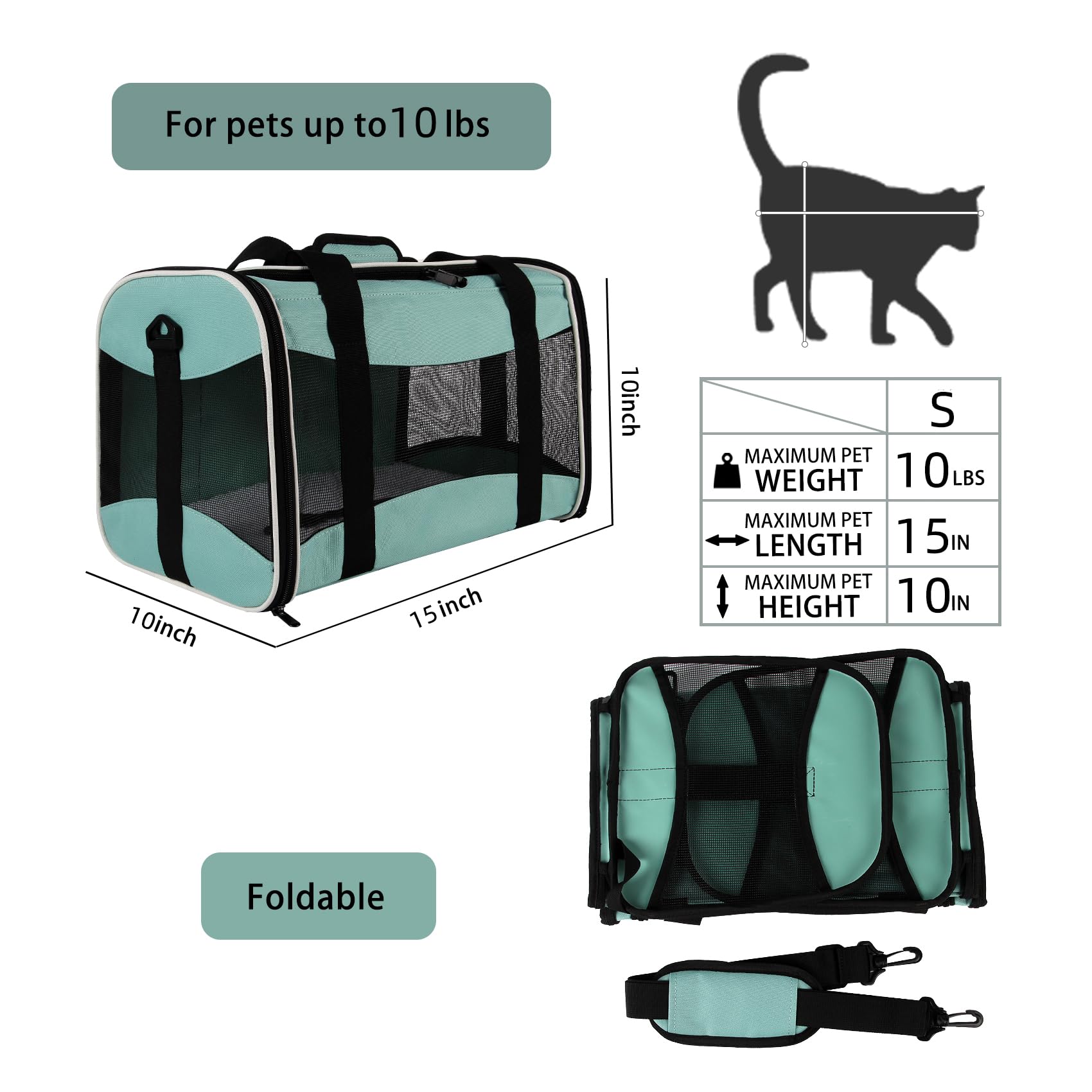 Cat Carrying Case Pet Dog Carrier Soft-Sided Cat Bag Airline Approved, Pet Travel Carrier Up to 15 Lbs, Collapsible Cats Carrier Dog Carrier for Medium Small Cats Dogs(17x11x11 Green)