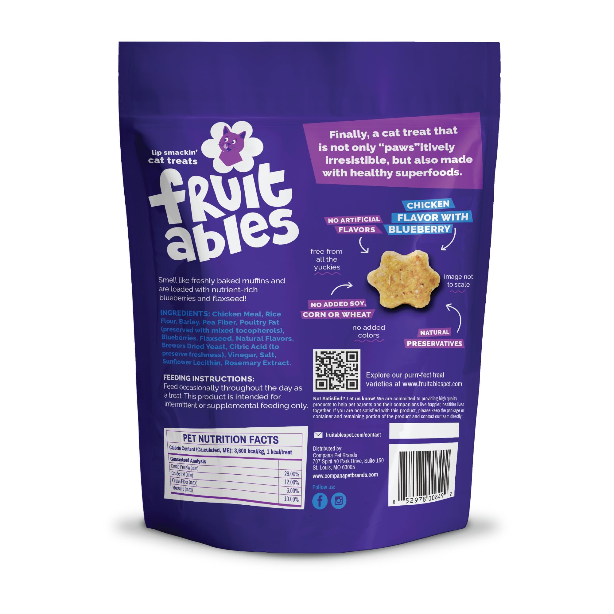 Fruitables Cat Treats, Healthy Treats For Cats, Low Calorie and Packed with Protein, Crunchy Biscuits, No Wheat, Corn or Soy, Made with Real Salmon and Cranberry, 2.5oz