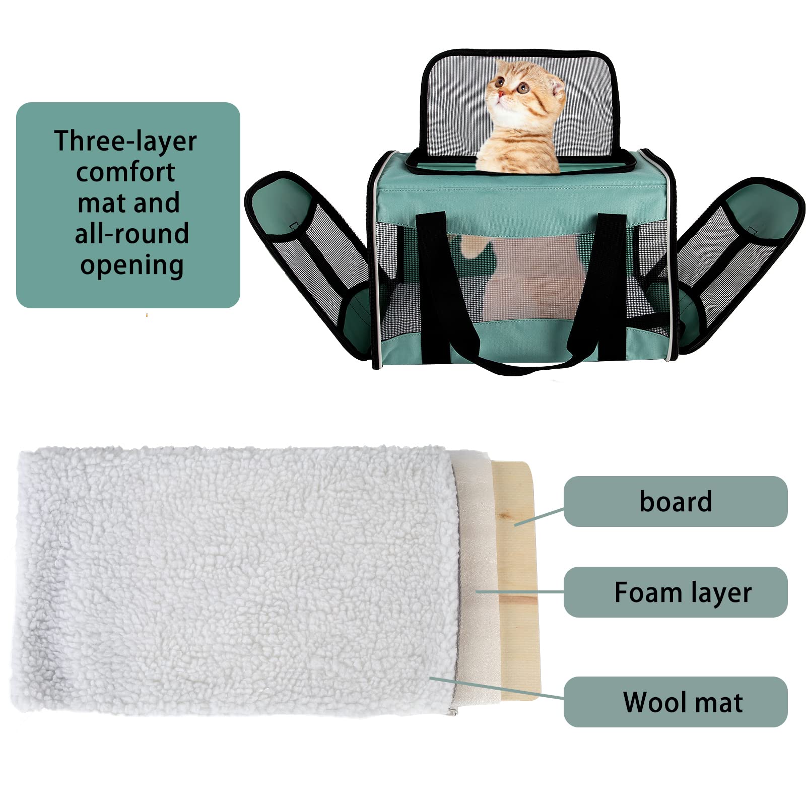 Cat Carrying Case Pet Dog Carrier Soft-Sided Cat Bag Airline Approved, Pet Travel Carrier Up to 15 Lbs, Collapsible Cats Carrier Dog Carrier for Medium Small Cats Dogs(17x11x11 Green)