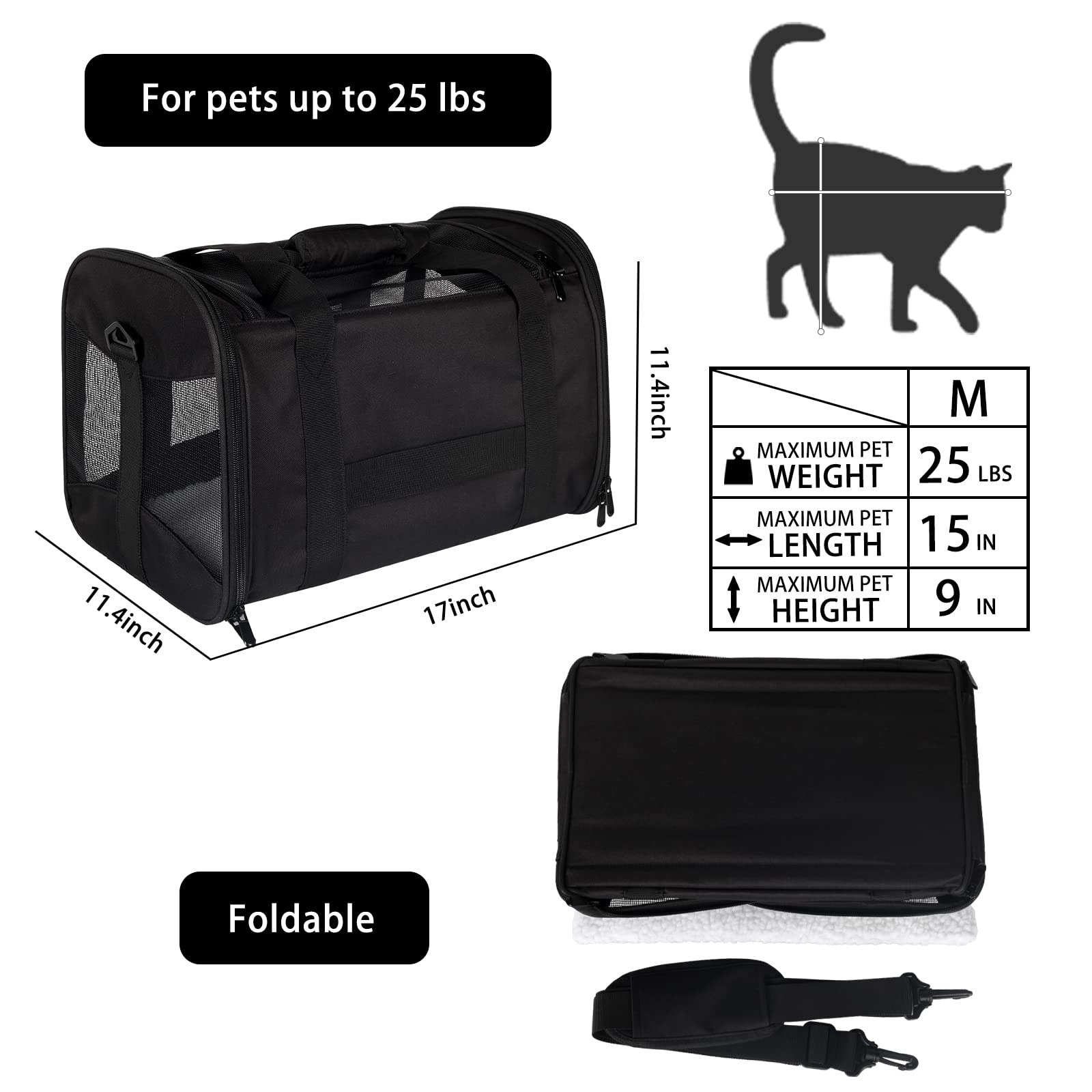Cat Carrying Case Pet Dog Carrier Soft-Sided Cat Bag Airline Approved, Pet Travel Carrier Up to 15 Lbs, Collapsible Cats Carrier Dog Carrier for Medium Small Cats Dogs(17x11x11 Green)
