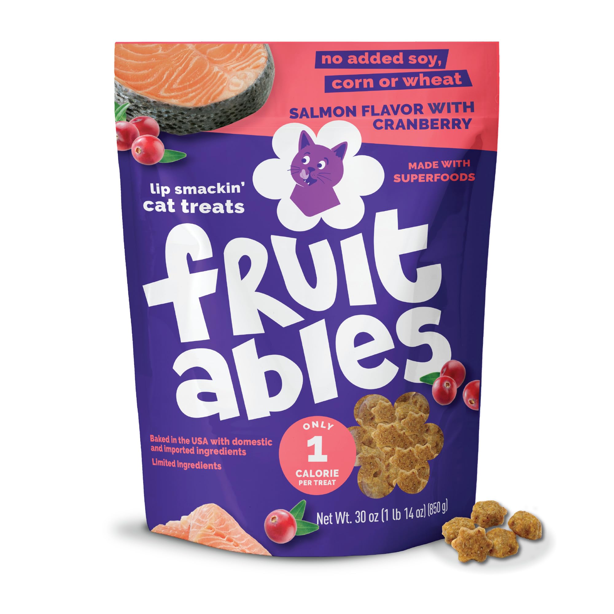 Fruitables Cat Treats, Healthy Treats For Cats, Low Calorie and Packed with Protein, Crunchy Biscuits, No Wheat, Corn or Soy, Made with Real Salmon and Cranberry, 2.5oz