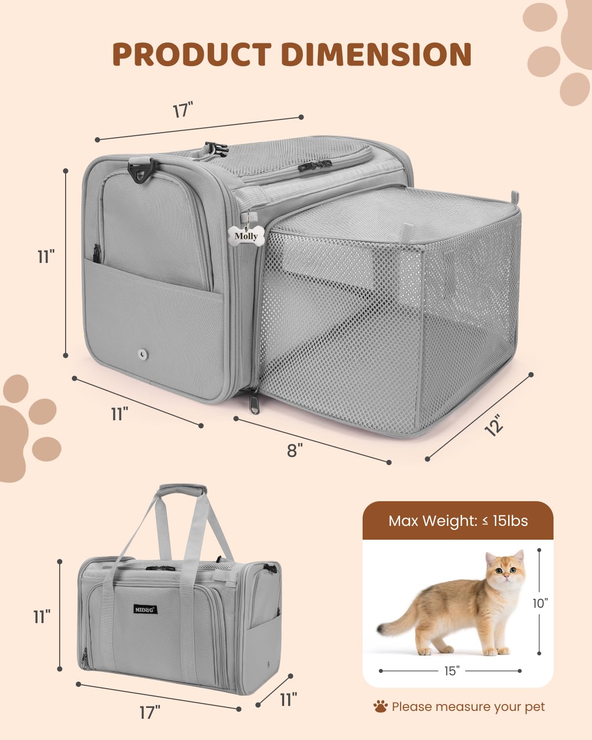 MIDOG Cat Carrier Soft for Small to Medium-Sized Cats,Up to 25 Lbs, TSA Airline Approved Soft Sided Pet Carrier