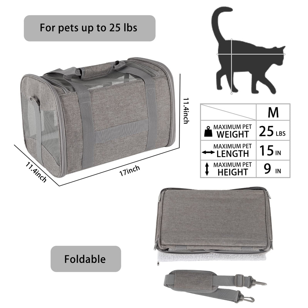 Cat Carrying Case Pet Dog Carrier Soft-Sided Cat Bag Airline Approved, Pet Travel Carrier Up to 15 Lbs, Collapsible Cats Carrier Dog Carrier for Medium Small Cats Dogs(17x11x11 Green)