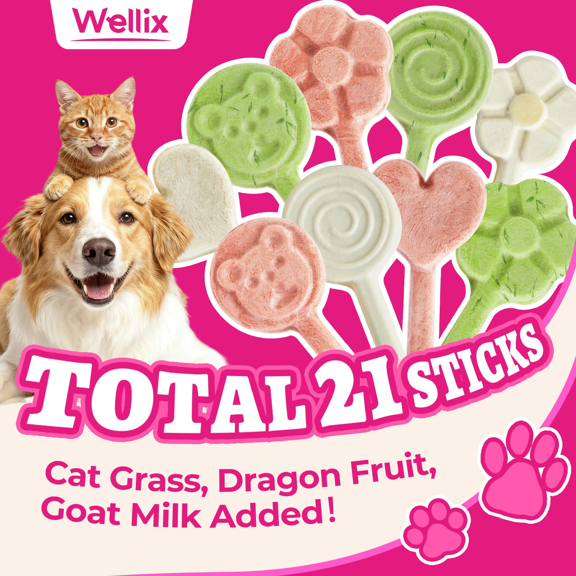 Wellix Freeze-Dried Treats for Dogs and Cats - Cat Grass, Dragon Fruit, Goat Milk Flavor 21pcs, Lollipop Healthy Cat Treats, Chicken Recipe Cat Treats, Low Calorie Training Treats
