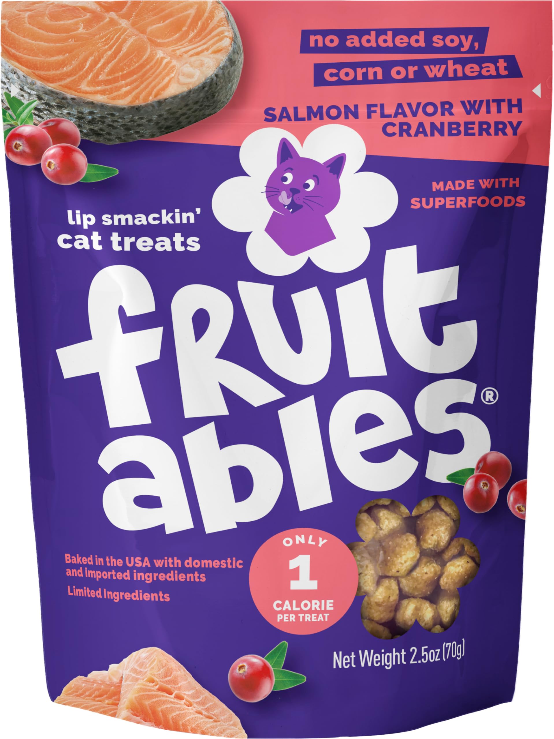 Fruitables Cat Treats, Healthy Treats For Cats, Low Calorie and Packed with Protein, Crunchy Biscuits, No Wheat, Corn or Soy, Made with Real Salmon and Cranberry, 2.5oz