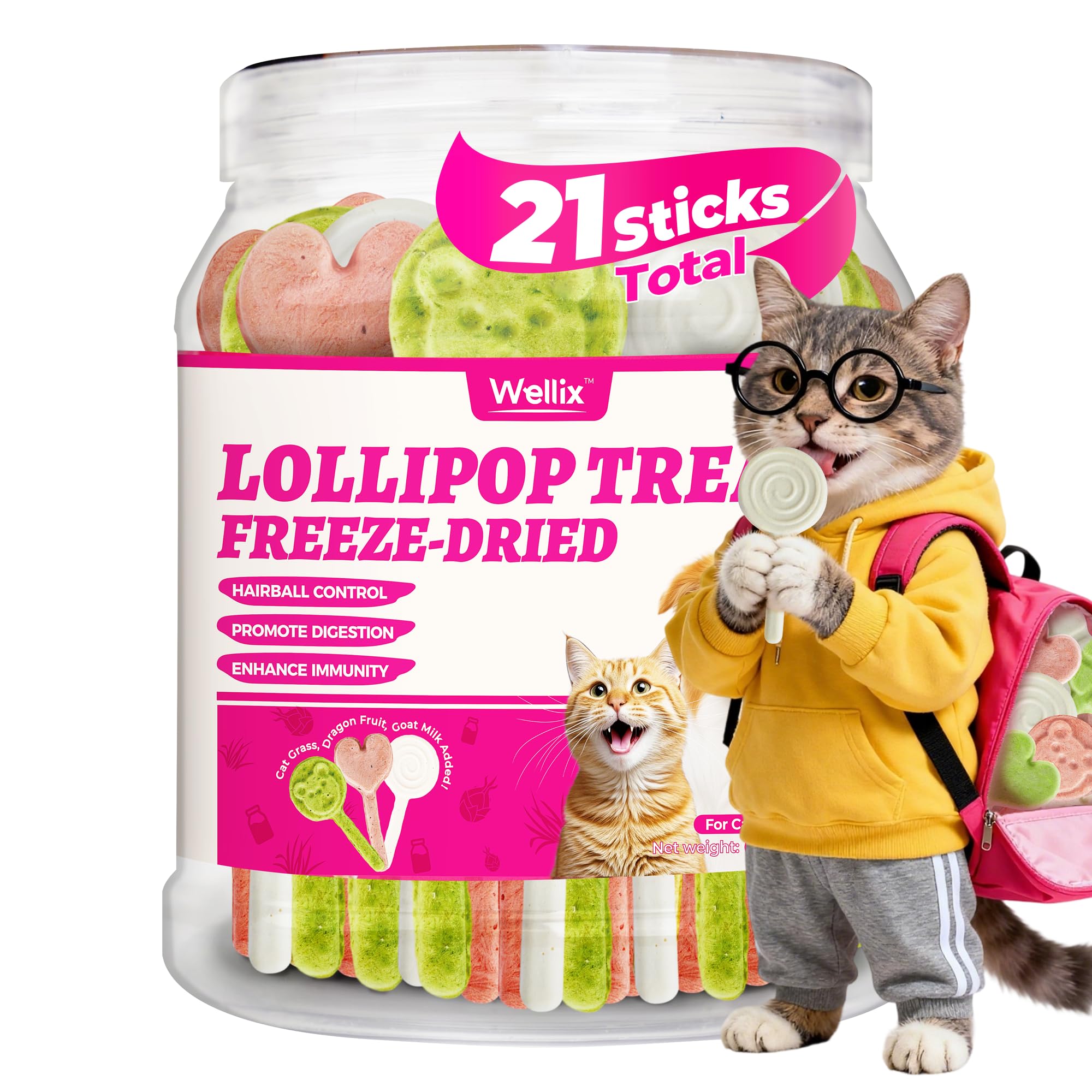 Wellix Freeze-Dried Treats for Dogs and Cats - Cat Grass, Dragon Fruit, Goat Milk Flavor 21pcs, Lollipop Healthy Cat Treats, Chicken Recipe Cat Treats, Low Calorie Training Treats
