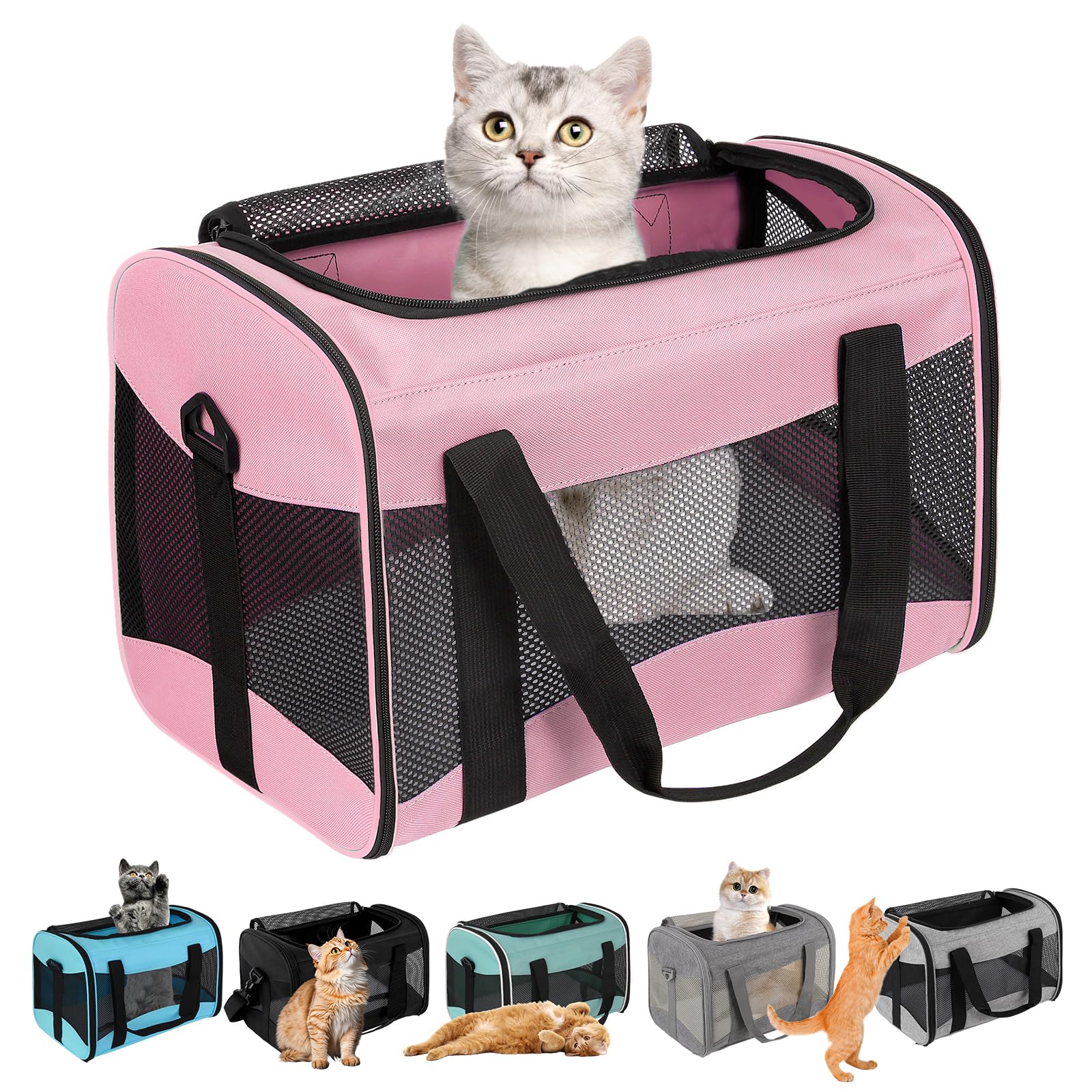 Cat Carrying Case Pet Dog Carrier Soft-Sided Cat Bag Airline Approved, Pet Travel Carrier Up to 15 Lbs, Collapsible Cats Carrier Dog Carrier for Medium Small Cats Dogs(17x11x11 Green)