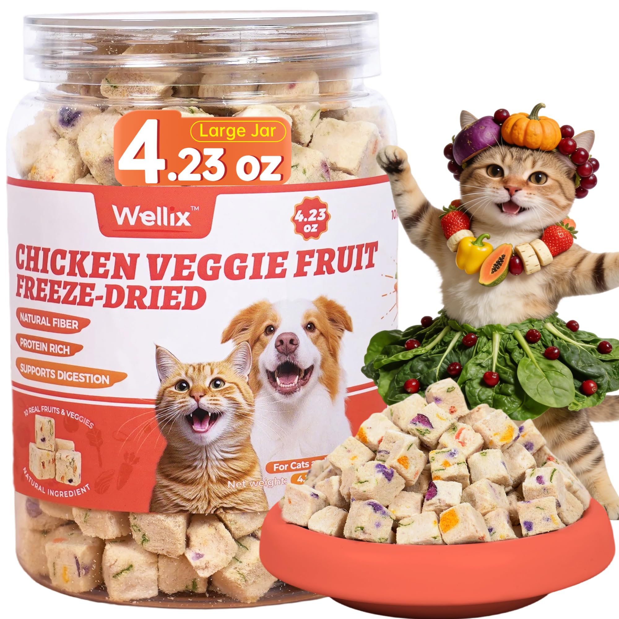 Wellix Freeze-Dried Treats for Dogs and Cats - Cat Grass, Dragon Fruit, Goat Milk Flavor 21pcs, Lollipop Healthy Cat Treats, Chicken Recipe Cat Treats, Low Calorie Training Treats
