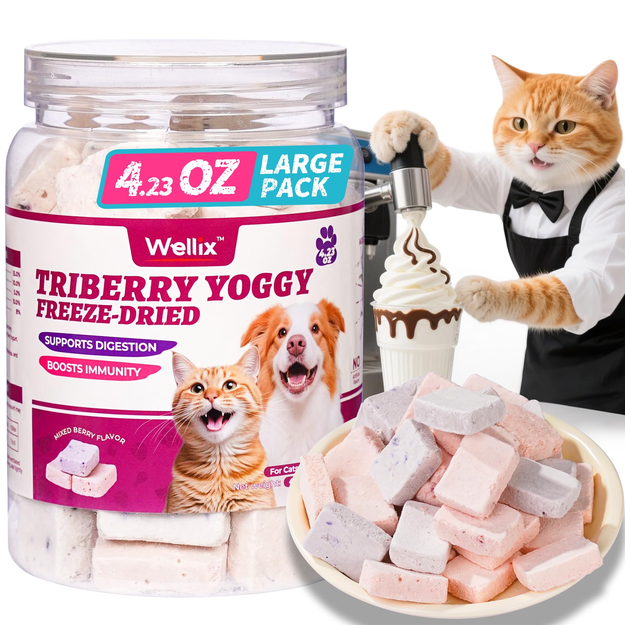 Wellix Freeze-Dried Treats for Dogs and Cats - Cat Grass, Dragon Fruit, Goat Milk Flavor 21pcs, Lollipop Healthy Cat Treats, Chicken Recipe Cat Treats, Low Calorie Training Treats