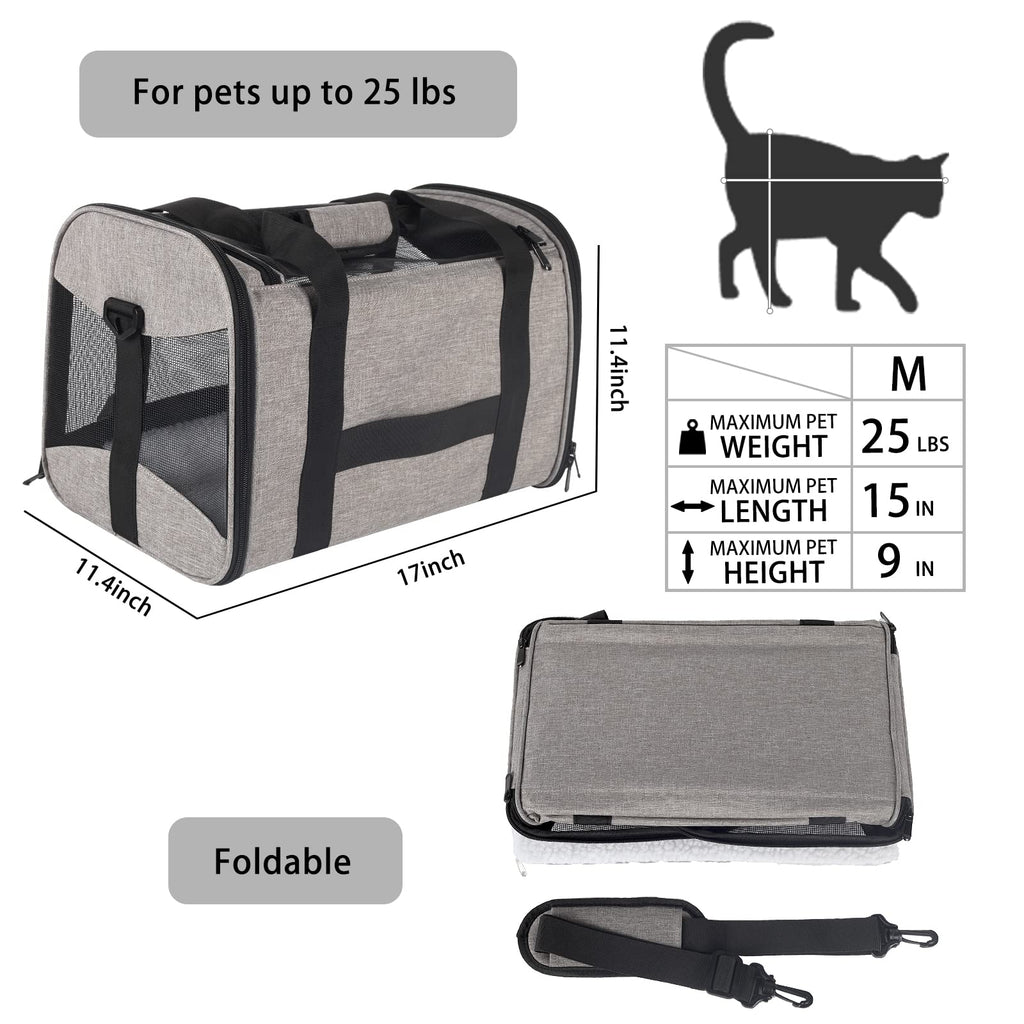 Cat Carrying Case Pet Dog Carrier Soft-Sided Cat Bag Airline Approved, Pet Travel Carrier Up to 15 Lbs, Collapsible Cats Carrier Dog Carrier for Medium Small Cats Dogs(17x11x11 Green)